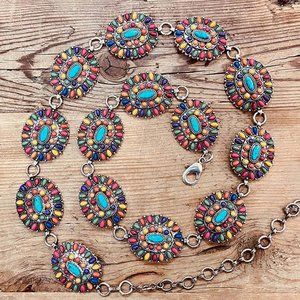 Turquoise Multi Natural Stone Antique Metal Squash Blossom Boho Westen Link Belt